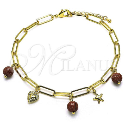 Oro Laminado Charm Anklet , Gold Filled Style Heart and Star Design, Polished, Golden Finish, 03.63.2282.10