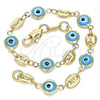 Oro Laminado Fancy Bracelet, Gold Filled Style Evil Eye and Puff Mariner Design, Turquoise Resin Finish, Golden Finish, 03.326.0012.3.08