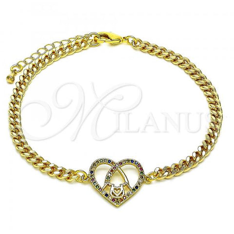 Oro Laminado Fancy Bracelet, Gold Filled Style Mom and Heart Design, with Multicolor Micro Pave, Polished, Golden Finish, 03.381.0044.1.08