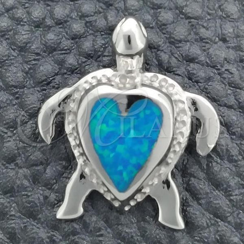 Sterling Silver Fancy Pendant, Turtle Design, with Bermuda Blue Opal, Polished, Silver Finish, 05.391.0006