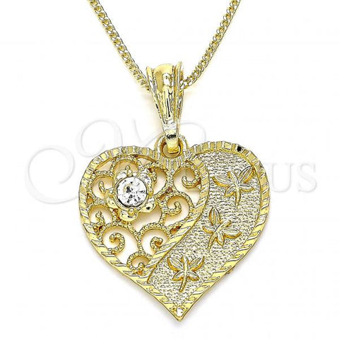 Oro Laminado Pendant Necklace, Gold Filled Style Heart and Dragon-Fly Design, with White Crystal, Polished, Golden Finish, 04.351.0019.2.20