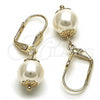 Oro Laminado Dangle Earring, Gold Filled Style Ball Design, with Ivory Pearl, Polished, Golden Finish, 02.63.2754