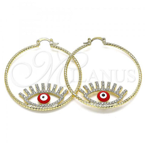 Oro Laminado Large Hoop, Gold Filled Style Evil Eye Design, with White Crystal, Red Enamel Finish, Golden Finish, 02.380.0076.50