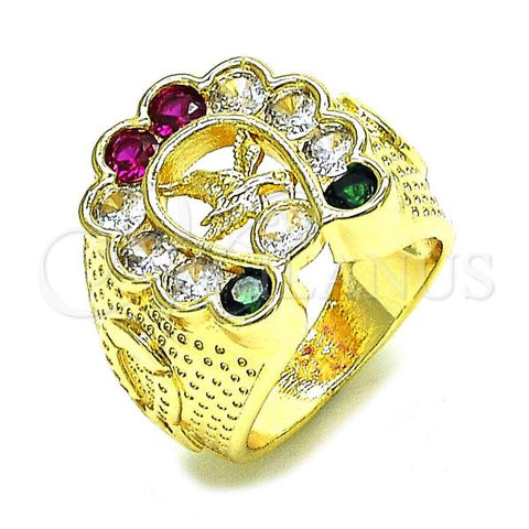 Oro Laminado Mens Ring, Gold Filled Style Eagle Design, with Multicolor Cubic Zirconia, Polished, Golden Finish, 01.210.0157.10