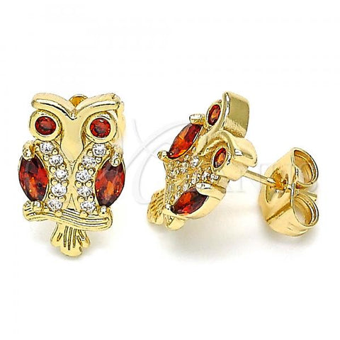 Oro Laminado Stud Earring, Gold Filled Style Owl Design, with Garnet Cubic Zirconia and White Micro Pave, Polished, Golden Finish, 02.210.0370.1