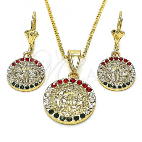 Oro Laminado Earring and Pendant Adult Set, Gold Filled Style San Benito Design, with Multicolor Crystal, Polished, Golden Finish, 10.351.0002