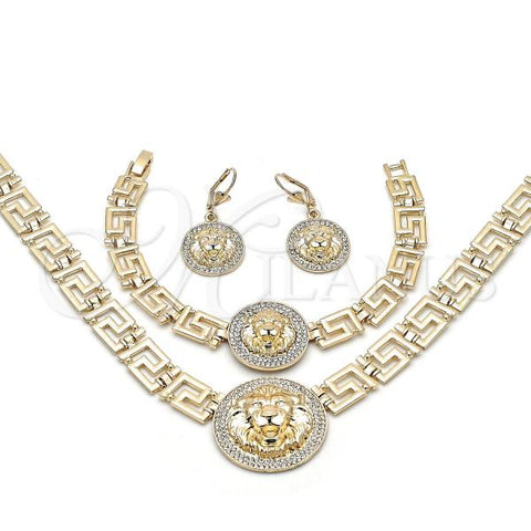 Oro Laminado Necklace, Bracelet and Earring, Gold Filled Style Greek Key and Lion Design, with White Crystal, Polished, Golden Finish, 06.372.0075
