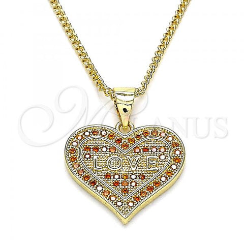 Oro Laminado Pendant Necklace, Gold Filled Style Heart and Love Design, with Garnet Micro Pave, Polished, Golden Finish, 04.156.0076.2.20