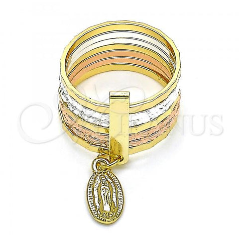 Oro Laminado Elegant Ring, Gold Filled Style Semanario and Guadalupe Design, Diamond Cutting Finish, Tricolor, 01.253.0038.06 (Size 6)