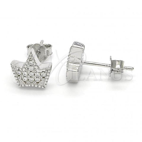 Sterling Silver Stud Earring, Crown Design, with White Cubic Zirconia, Polished, Rhodium Finish, 02.336.0019