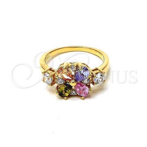 Oro Laminado Multi Stone Ring, Gold Filled Style Flower Design, with Multicolor and White Cubic Zirconia, Polished, Golden Finish, 5.172.002.09 (Size 9)