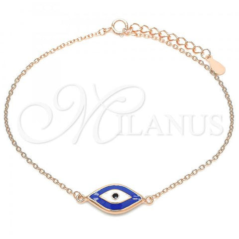 Sterling Silver Fancy Bracelet, Evil Eye Design, Blue Enamel Finish, Rose Gold Finish, 03.336.0073.1.07