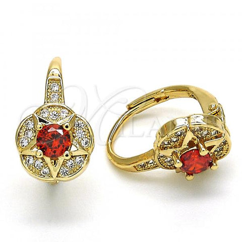 Oro Laminado Leverback Earring, Gold Filled Style Star and Flower Design, with Garnet Cubic Zirconia and White Micro Pave, Polished, Golden Finish, 02.195.0050.1