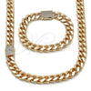 Oro Laminado Necklace and Bracelet, Gold Filled Style Miami Cuban Design, with White Cubic Zirconia, Polished, Golden Finish, 06.156.0004