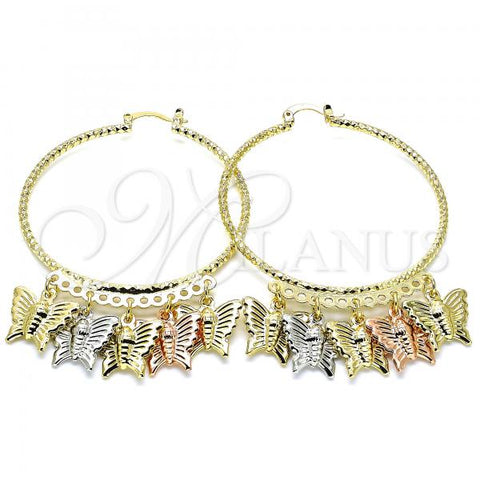 Oro Laminado Large Hoop, Gold Filled Style Butterfly Design, Diamond Cutting Finish, Tricolor, 02.380.0021.50