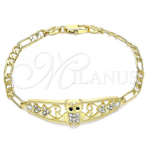 Oro Laminado Fancy Bracelet, Gold Filled Style Owl and Heart Design, with White and Black Crystal, Polished, Golden Finish, 03.380.0050.08