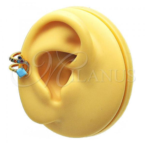 Oro Laminado Earcuff Earring, Gold Filled Style with Multicolor Micro Pave and Turquoise Cubic Zirconia, Polished, Golden Finish, 02.210.0677.1