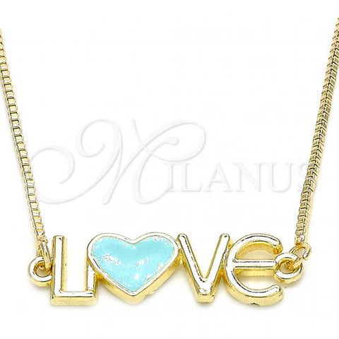 Oro Laminado Pendant Necklace, Gold Filled Style Nameplate and Love Design, Turquoise Enamel Finish, Golden Finish, 04.63.1381.20