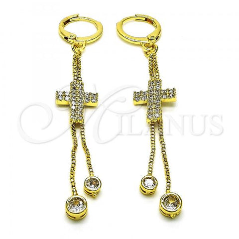 Oro Laminado Long Earring, Gold Filled Style Box and Cross Design, with White Micro Pave and White Cubic Zirconia, Polished, Golden Finish, 02.316.0082.1
