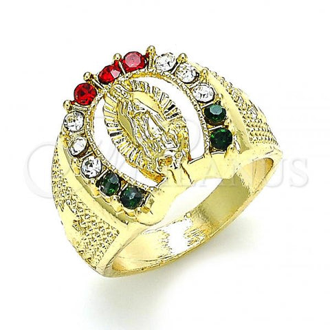 Oro Laminado Mens Ring, Gold Filled Style Guadalupe Design, with Multicolor Crystal, Polished, Golden Finish, 01.351.0017.10 (Size 10)