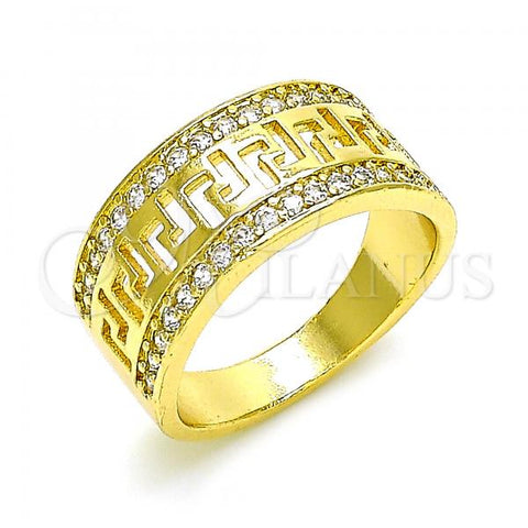 Oro Laminado Multi Stone Ring, Gold Filled Style Greek Key Design, with White Cubic Zirconia, Polished, Golden Finish, 01.210.0114.09
