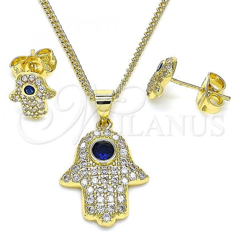 Oro Laminado Earring and Pendant Adult Set, Gold Filled Style Hand of God Design, with Sapphire Blue and White Micro Pave, Polished, Golden Finish, 10.156.0346