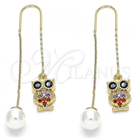 Oro Laminado Threader Earring, Gold Filled Style Owl Design, with Multicolor Micro Pave, Polished, Golden Finish, 02.210.0347.1