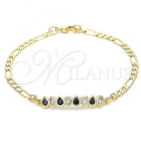 Oro Laminado Fancy Bracelet, Gold Filled Style Teardrop Design, with Black and White Cubic Zirconia, Polished, Golden Finish, 03.63.2152.1.07