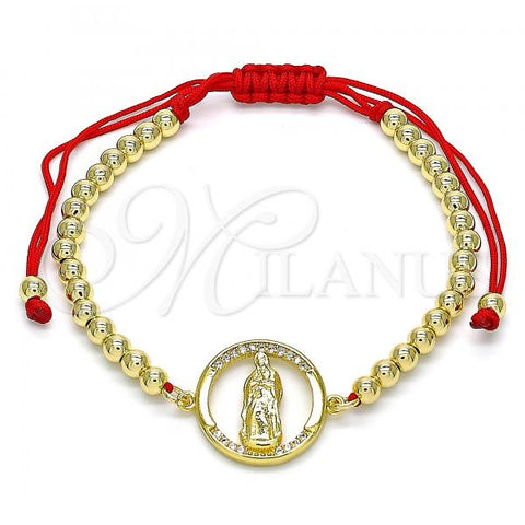 Oro Laminado Adjustable Bolo Bracelet, Gold Filled Style Guadalupe and Ball Design, with White Micro Pave, Polished, Golden Finish, 03.207.0108.11