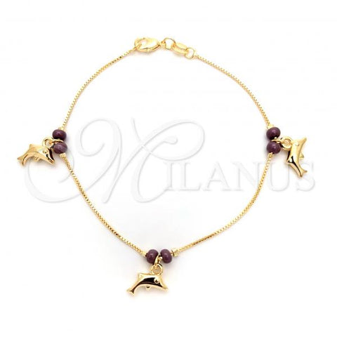 Oro Laminado Charm Bracelet, Gold Filled Style Dolphin and Box Design, with Violet Opal, Polished, Golden Finish, 03.32.0291.07