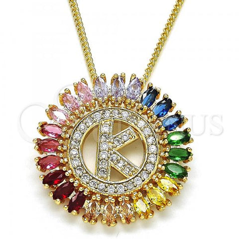 Oro Laminado Pendant Necklace, Gold Filled Style Initials Design, with Multicolor Cubic Zirconia, Polished, Golden Finish, 04.210.0015.1.20