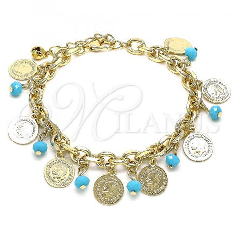 Oro Laminado Charm Bracelet, Gold Filled Style with Turquoise Crystal, Polished, Golden Finish, 03.331.0120.08