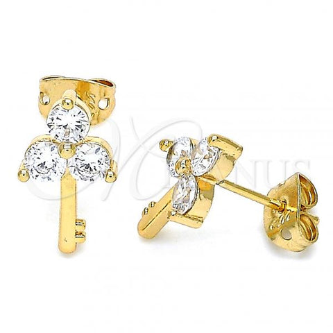 Oro Laminado Stud Earring, Gold Filled Style key Design, with White Cubic Zirconia, Polished, Golden Finish, 02.213.0174