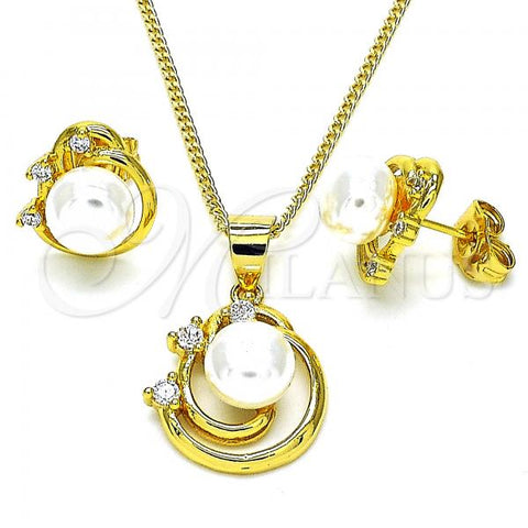 Oro Laminado Earring and Pendant Adult Set, Gold Filled Style with White Cubic Zirconia and Ivory Pearl, Polished, Golden Finish, 10.344.0022