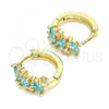 Oro Laminado Huggie Hoop, Gold Filled Style Leaf Design, with Aqua Blue and White Cubic Zirconia, Polished, Golden Finish, 02.210.0655.1.15