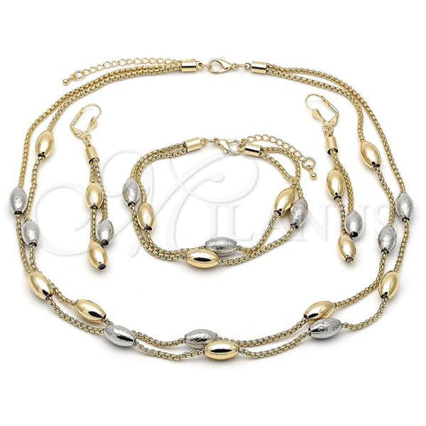 Oro Laminado Necklace, Bracelet and Earring, Gold Filled Style Box and Ball Design, Matte Finish, Tricolor, 06.372.0072