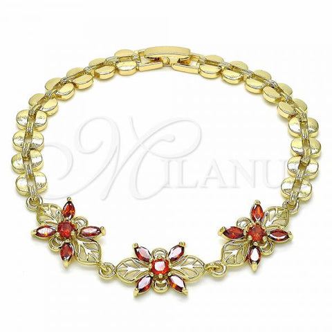 Oro Laminado Fancy Bracelet, Gold Filled Style Flower Design, with Garnet Cubic Zirconia, Polished, Golden Finish, 03.357.0009.1.07