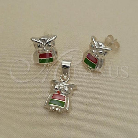 Sterling Silver Earring and Pendant Adult Set, Owl Design, with Multicolor Mother of Pearl, Polished, Silver Finish, 10.399.0015
