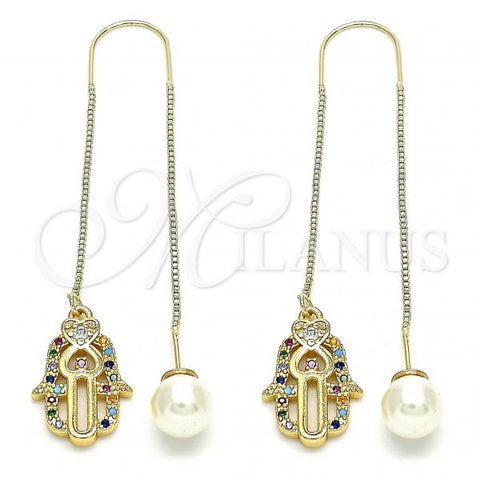 Oro Laminado Threader Earring, Gold Filled Style Hand of God Design, with Multicolor Micro Pave, Polished, Golden Finish, 02.210.0544.1