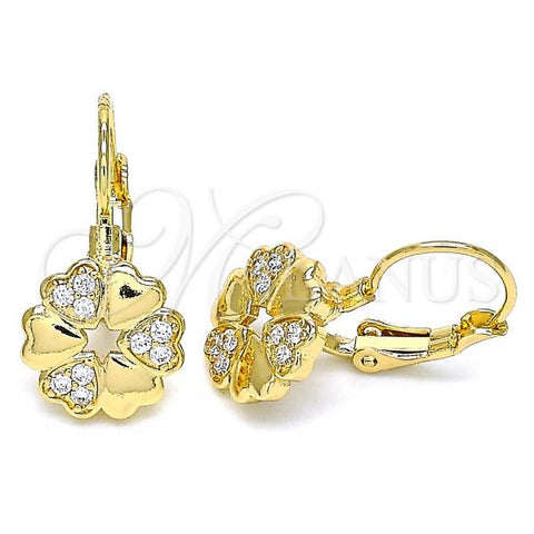 Oro Laminado Leverback Earring, Gold Filled Style Flower and Heart Design, with White Micro Pave, Polished, Golden Finish, 02.210.0382