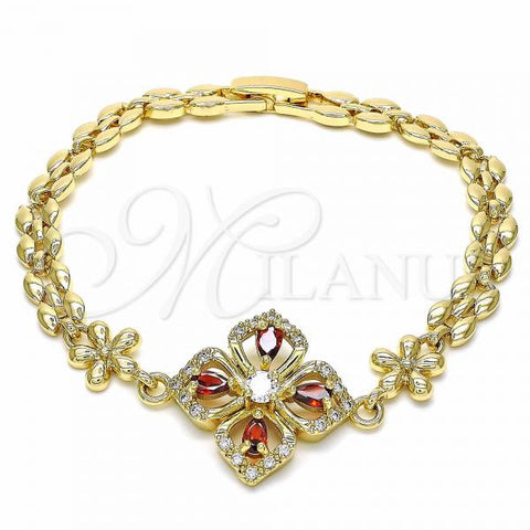 Oro Laminado Fancy Bracelet, Gold Filled Style Flower and Teardrop Design, with Garnet and White Cubic Zirconia, Polished, Golden Finish, 03.357.0007.1.07