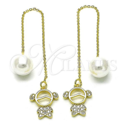 Oro Laminado Threader Earring, Gold Filled Style Little Girl Design, with White Micro Pave and Ivory Pearl, Polished, Golden Finish, 02.196.0123