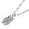 Rhodium Plated Pendant Necklace, Owl Design, with Ruby and White Cubic Zirconia, Polished, Rhodium Finish, 04.156.0139.1.20