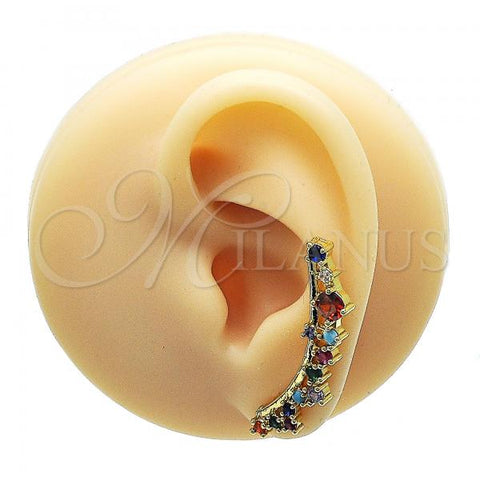 Oro Laminado Earcuff Earring, Gold Filled Style with Multicolor Cubic Zirconia, Polished, Golden Finish, 02.210.0627