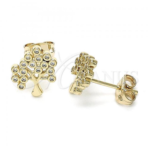 Oro Laminado Stud Earring, Gold Filled Style Tree Design, with White Micro Pave, Polished, Golden Finish, 02.342.0080