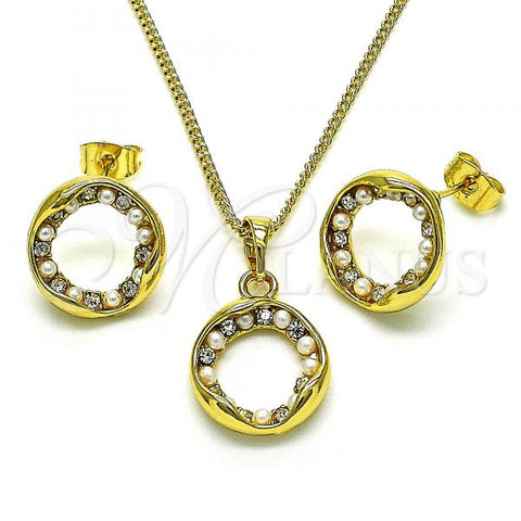 Oro Laminado Earring and Pendant Adult Set, Gold Filled Style with White Crystal and Ivory Pearl, Polished, Golden Finish, 10.379.0037