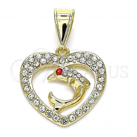 Oro Laminado Fancy Pendant, Gold Filled Style Dolphin and Heart Design, with White and Garnet Crystal, Polished, Golden Finish, 05.253.0112
