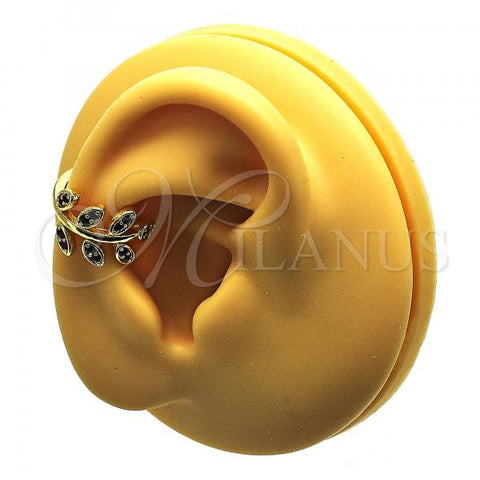 Oro Laminado Earcuff Earring, Gold Filled Style Leaf Design, with White Micro Pave, Polished, Golden Finish, 02.210.0729.1