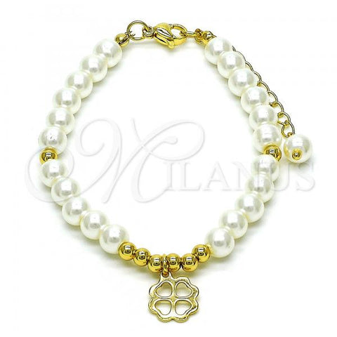Oro Laminado Fancy Bracelet, Gold Filled Style Four-leaf Clover and Ball Design, with Ivory Pearl, Polished, Golden Finish, 03.405.0016.07
