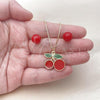 Oro Laminado Earring and Pendant Adult Set, Gold Filled Style Cherry and Ball Design, Red Enamel Finish, Golden Finish, 10.417.0019
